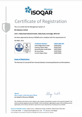 ISO 9001: 2015 - Certificate of registration of the Management System for the removal of licensed and non-licensed asbestos containing materials and remediation